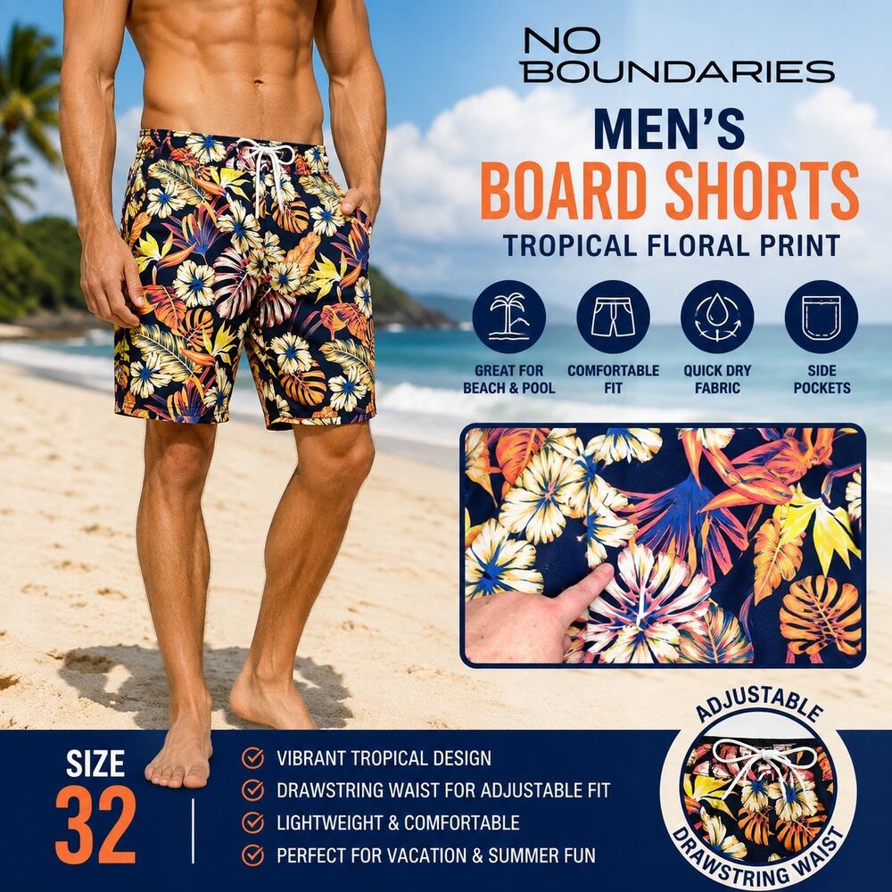 No Boundaries Mens Board Shorts Swim Trunks Tropical Floral Hawaiian Print 32